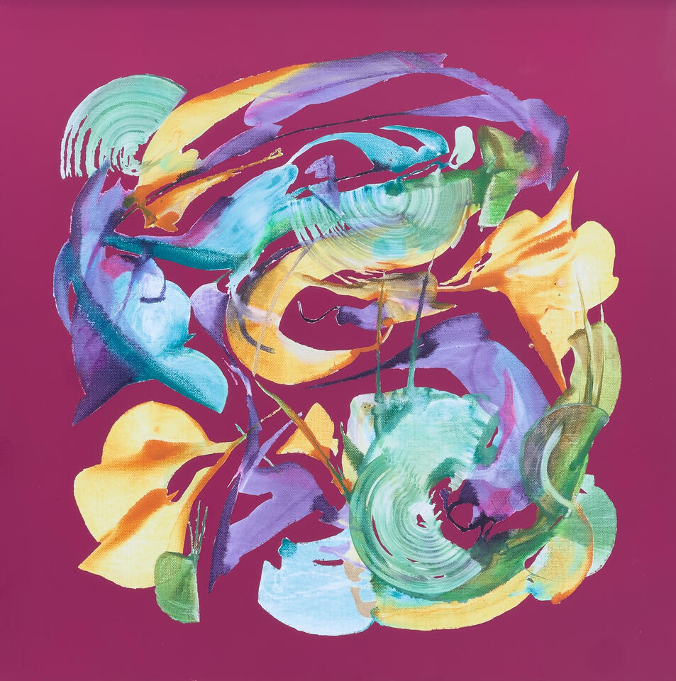 Abstract painting with layered teal, lavender, and orange forms on a cadmium red matte background painted by Roxenya.