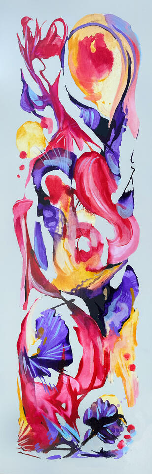Vertical abstract painting with flowing pink, red, purple, and gold shapes on a pale background painted by Roxenya.