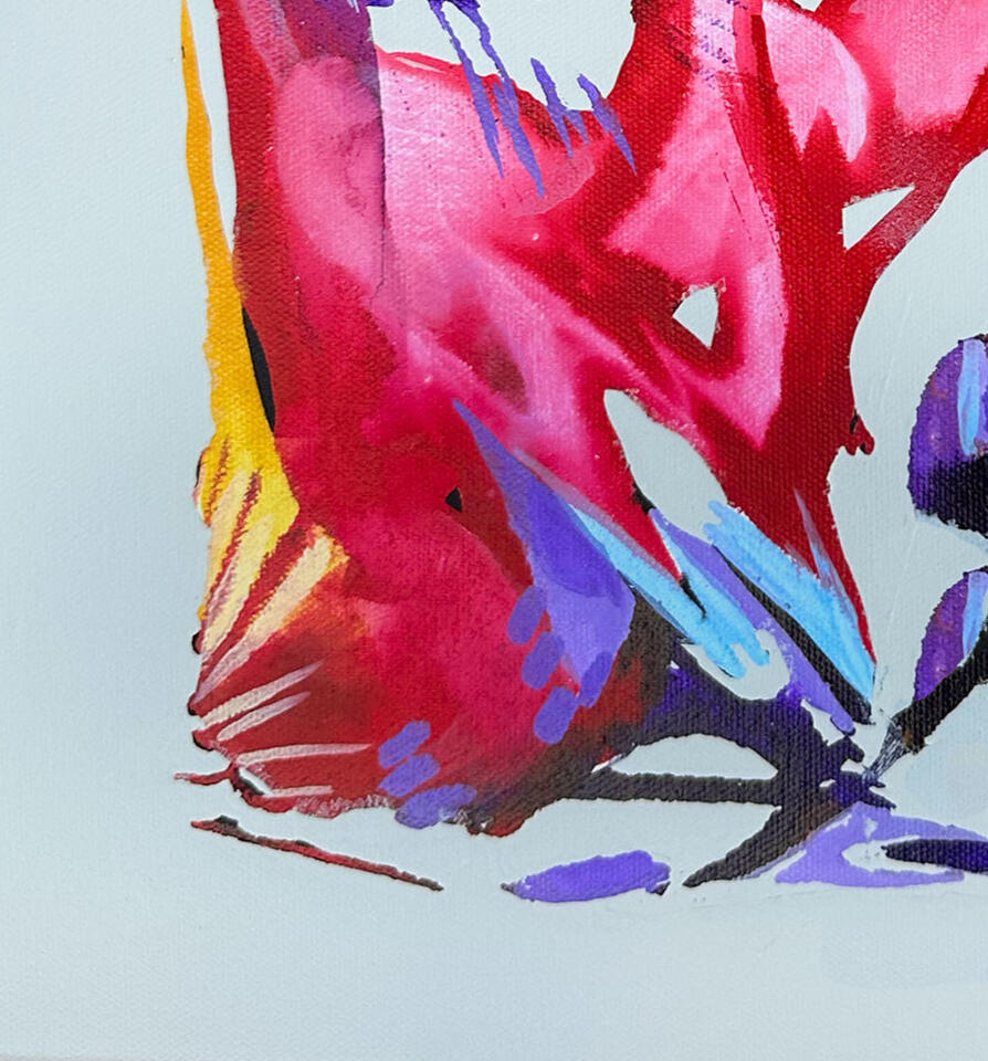 Close-up of abstract painting with vivid red and magenta strokes and blue and purple marks painted by Roxenya.