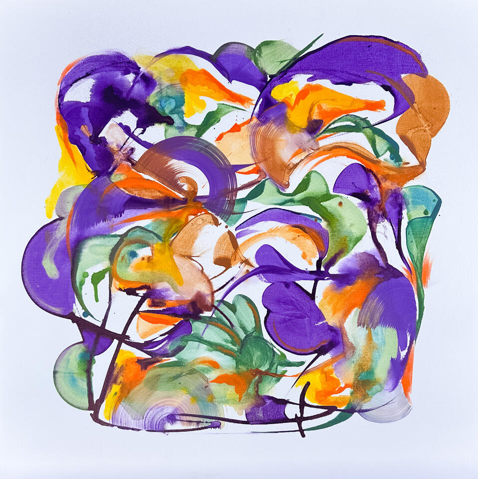 Abstract painting with layered purple, orange, green, and teal shapes and gestural black lines painted by Roxenya.