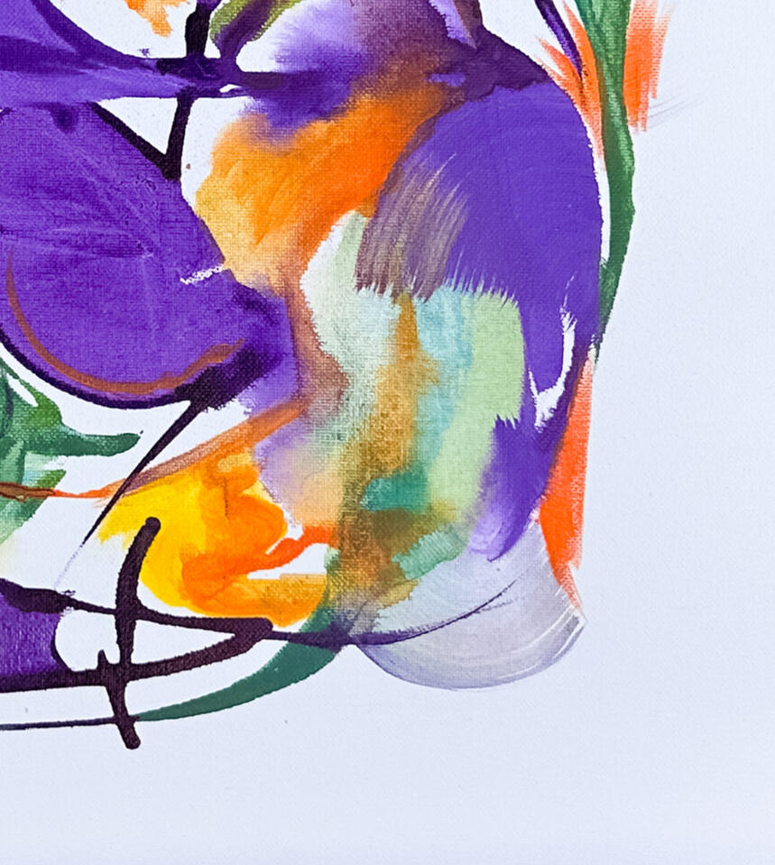 Close-up of abstract painting with purple, orange, green, and teal shapes and sweeping black lines painted by Roxenya.