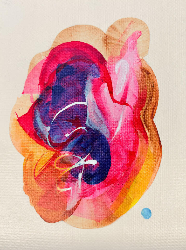 Abstract painting with indigo, magenta, and orange forms on cream with a small blue dot painted by Roxenya.