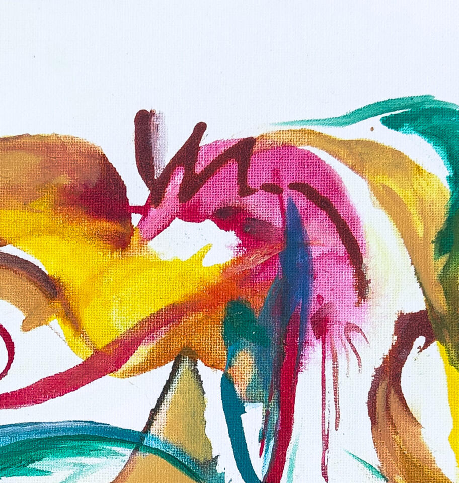 Close-up of abstract painting with warm gold, magenta, and green brushstrokes on white painted by Roxenya.
