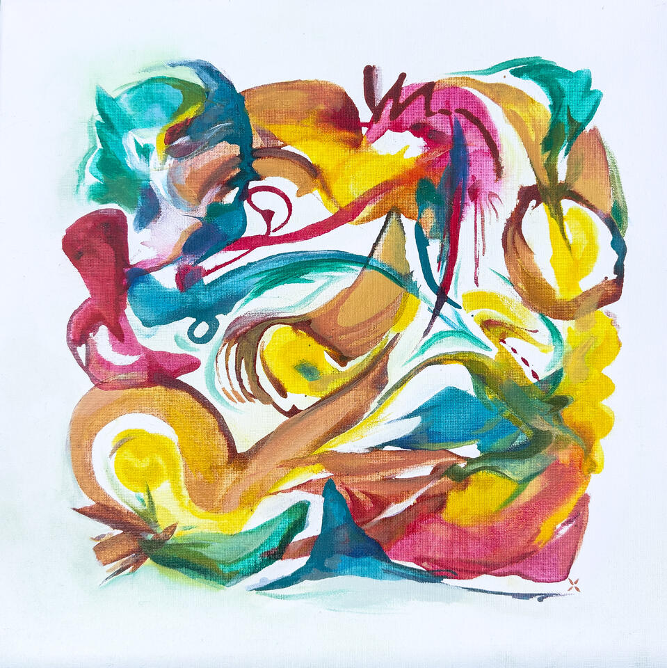 Abstract painting with energetic teal, yellow, gold, and magenta marks on white painted by Roxenya.