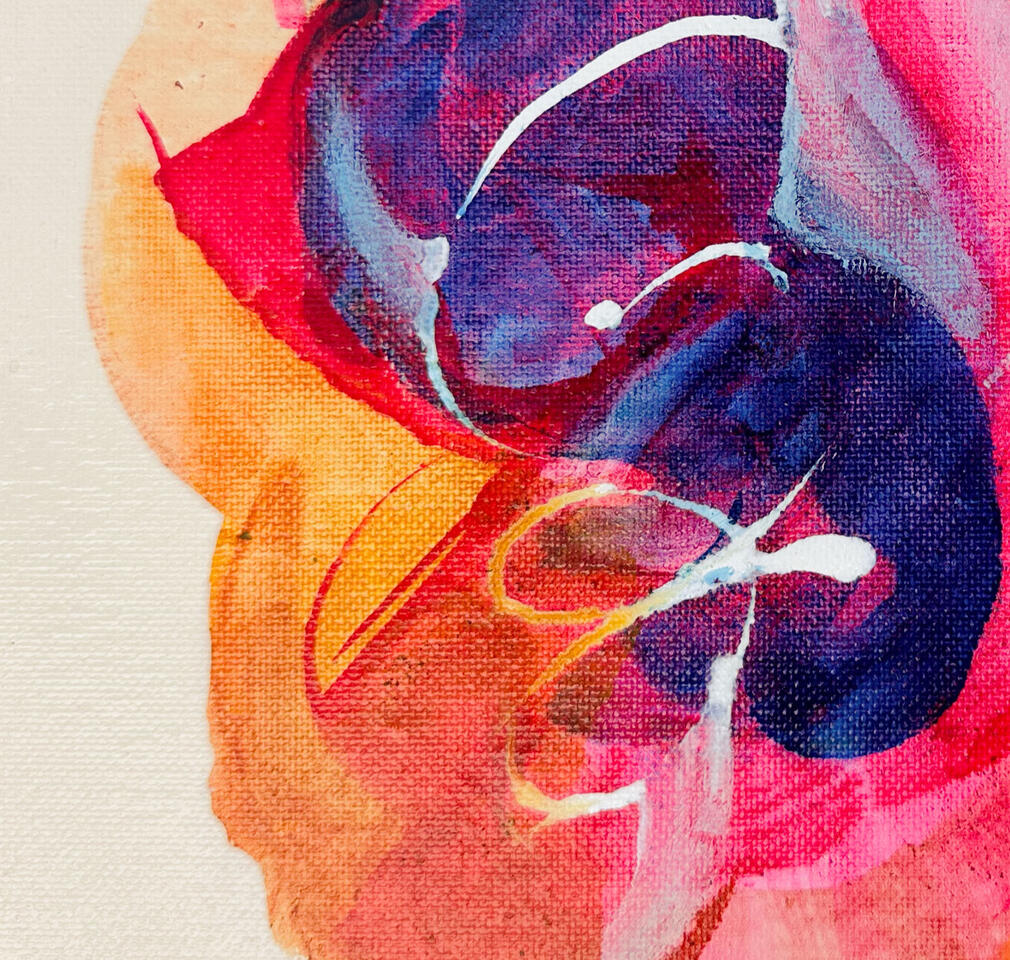 Close-up shot of abstract painting with indigo, magenta, and orange forms on cream background painted by Roxenya.