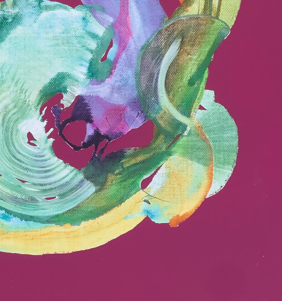 Close-up of abstract brushstrokes in teal, lavender, olive, and yellow on a magenta background painted by Roxenya.